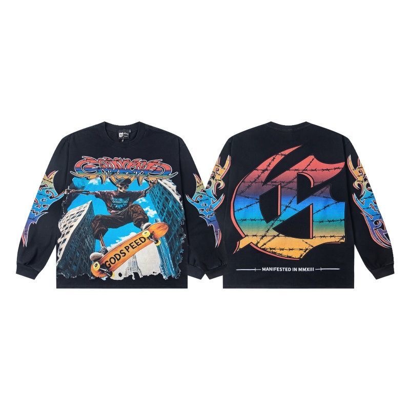 GodSpeed Street Skateboarding Skeleton Retro Printed Washed Outdated Loose Bottom Long Sleeve T-shirt