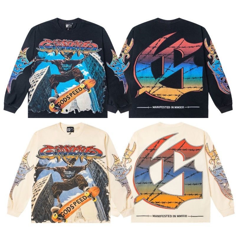 GodSpeed Street Skateboarding Skeleton Retro Printed Washed Outdated Loose Bottom Long Sleeve T-shirt