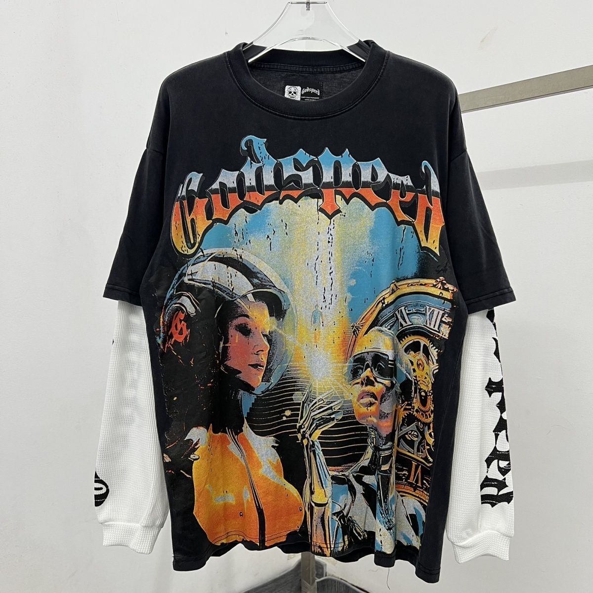 Godspeed vintage astronaut fake two pure cotton long sleeved T-shirts men's base shirt