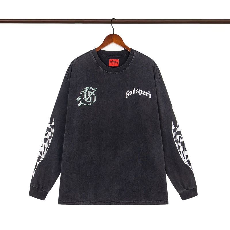 Godspeed Skull Retro Printed Washed Water Aged Cotton Long Sleeve Loose T-shirt