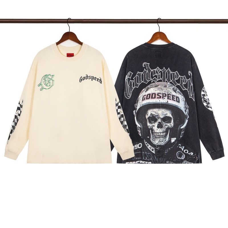 Godspeed Skull Retro Printed Washed Water Aged Cotton Long Sleeve Loose T-shirt