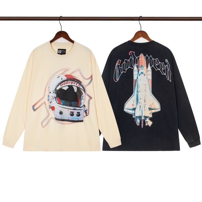 Godspeed Rocket Letter Printed Water Washed Vintage Loose Cotton Long Sleeve T-shirt