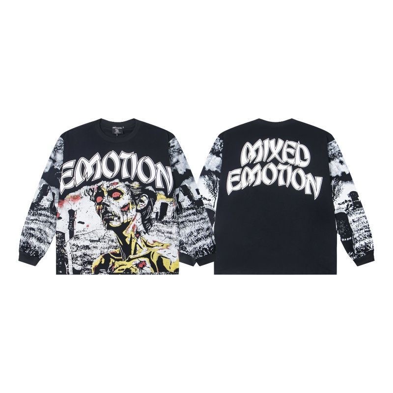 Mixed EMOTION Street Hip Hop Retro Printed Long Sleeve T-shirt Loose Round Neck Bottom Shirt