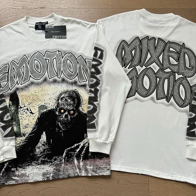 Mixed EMOTION Skull Retro Hot Diamond Long Sleeve T-shirt for Spring and Autumn Men