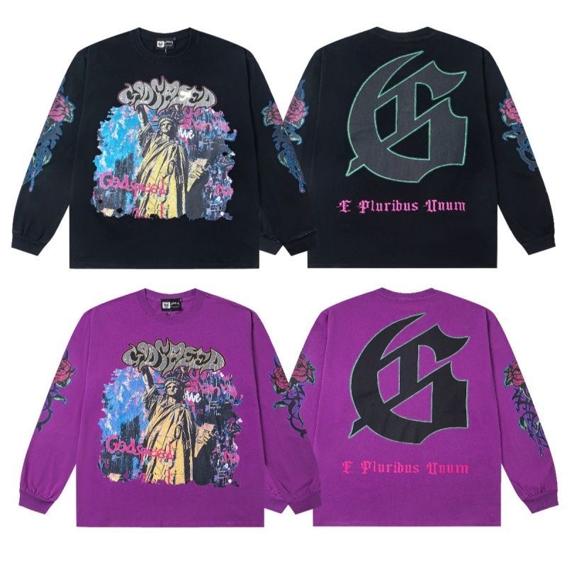 Godspeed Statue of Liberty letter printed long sleeved retro washed couple base shirt