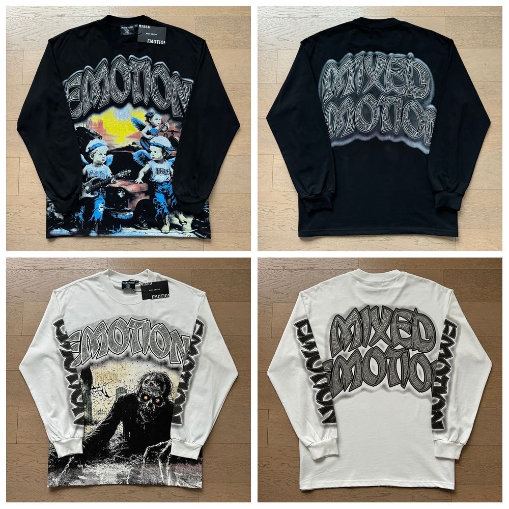 Mixed EMOTION Skull Retro Hot Diamond Long Sleeve T-shirt for Spring and Autumn Men
