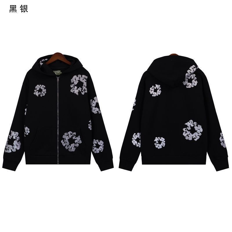 DENIM TEARS mainline cotton flower sparkling silver foam print hooded sweatshirt cardigan jacket for men