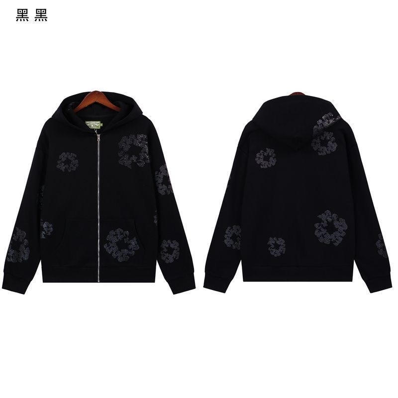 DENIM TEARS mainline cotton flower sparkling silver foam print hooded sweatshirt cardigan jacket for men