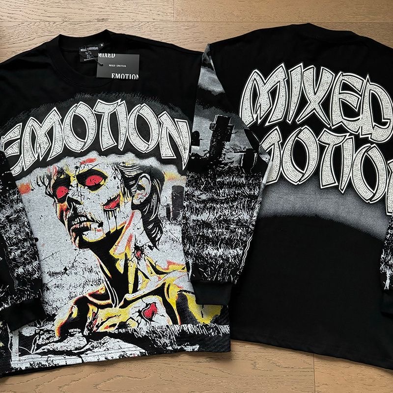 Mixed EMOTION Skull Retro Hot Diamond Long Sleeve T-shirt for Spring and Autumn Men