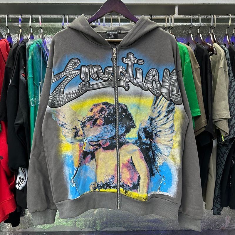 Mixed EMOTION American retro hot stamping print zipper cardigan hooded sweatshirt jacket trendy