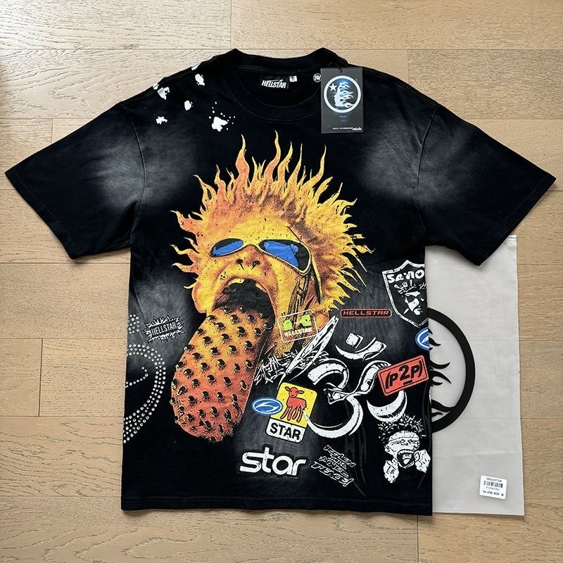 Hellsta Hellstar Street Hip Hop Washed, Used, Hot Diamond Printed Short Sleeve T-shirt Trendy