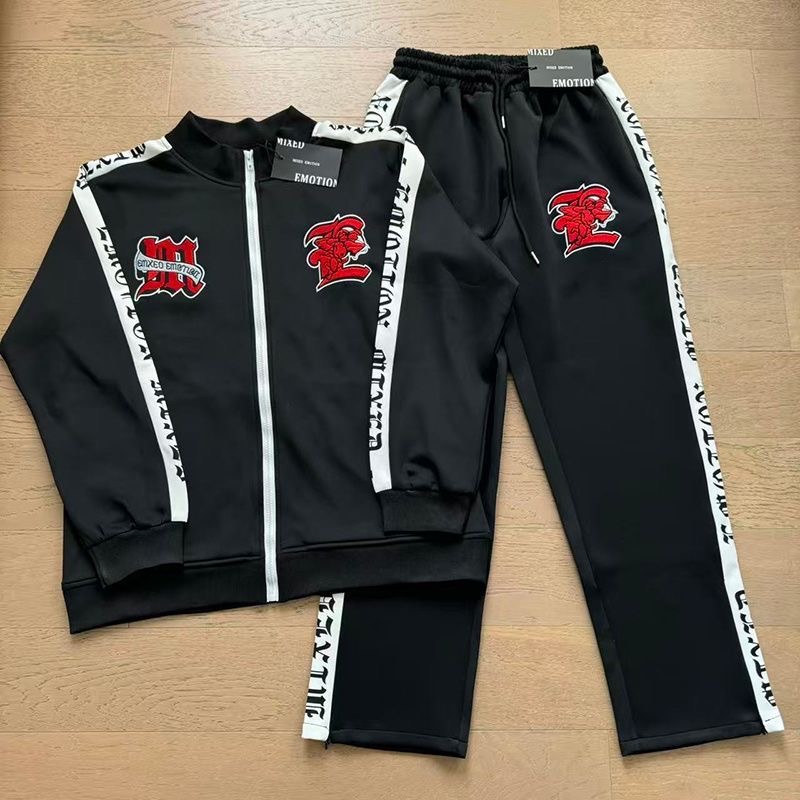 Mixed EMOTION Embroidered Jacket, Sports Straight Pants Set, Men's