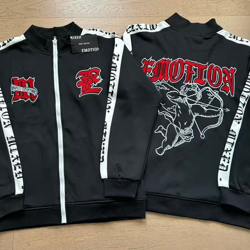 Mixed EMOTION Embroidered Jacket, Sports Straight Pants Set, Men's