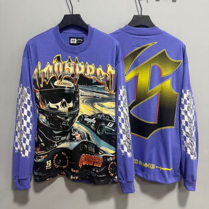 Real time Godspeed Skeleton Racing Street Round Neck Long Sleeve T-shirt for Men