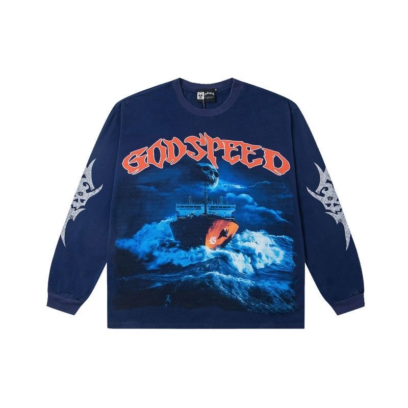 Godspeed ship letter printed long sleeved couple round neck base shirt