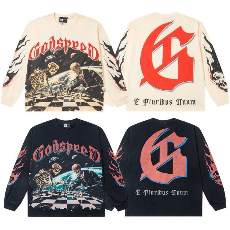 Godspeed Chess Skull Letter Printed Long Sleeve Retro Washed Couple T-shirt