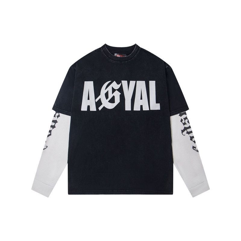 GodSpeed European and American letter printed patchwork couple waffle long sleeved T-shirt