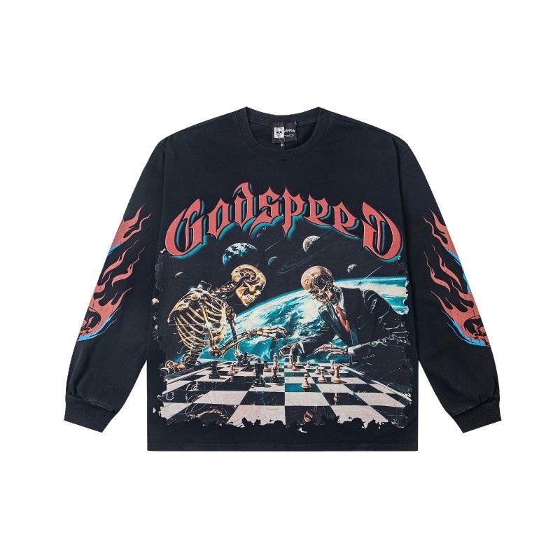 Godspeed Chess Skull Letter Printed Long Sleeve Retro Washed Couple T-shirt