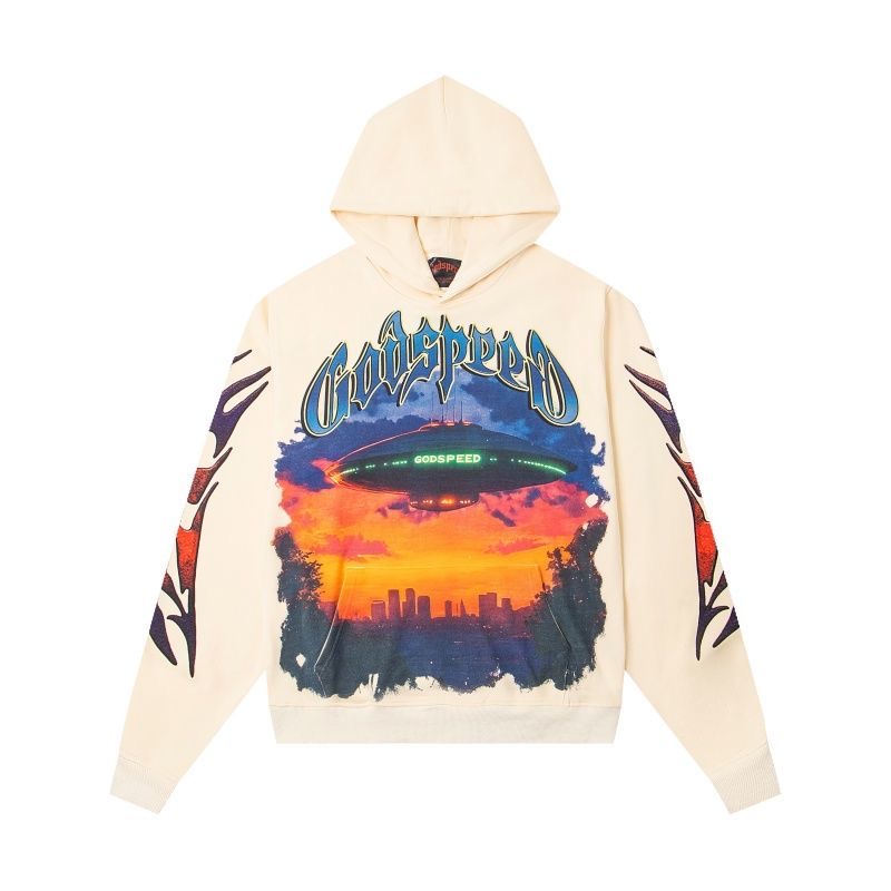 Godspeed American Street UFO Letter Printed Hoodie Retro Couple Woolen Hoodie