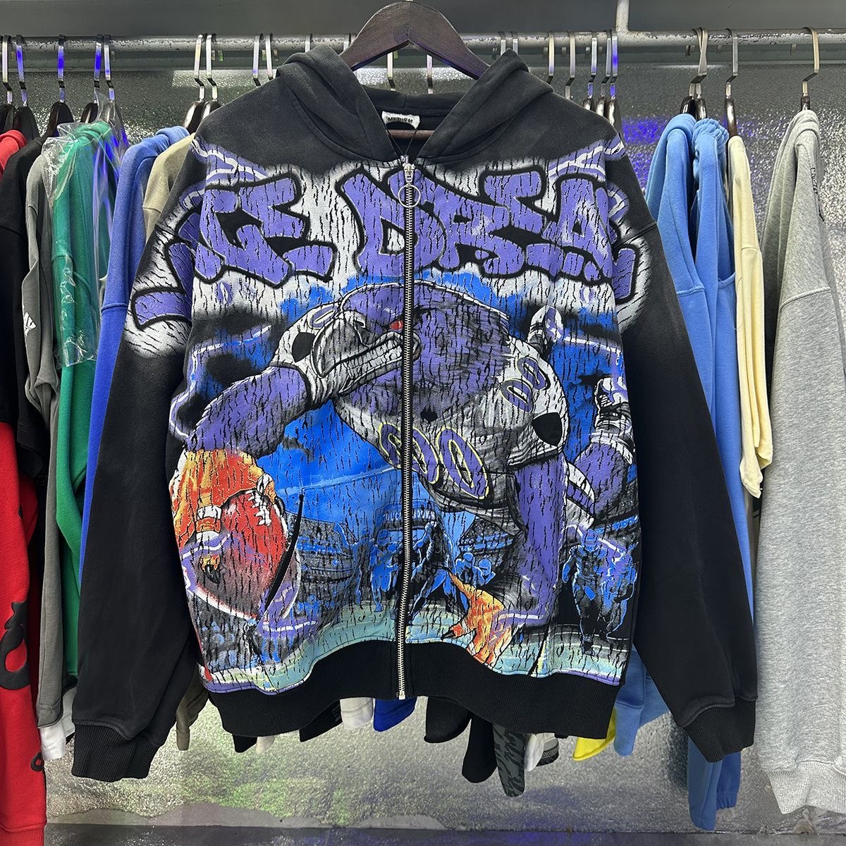 Vale retro printed washed vintage zipper hooded cardigan jacket trendy