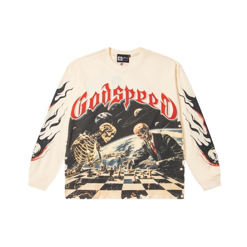 Godspeed Chess Skull Letter Printed Long Sleeve Retro Washed Couple T-shirt