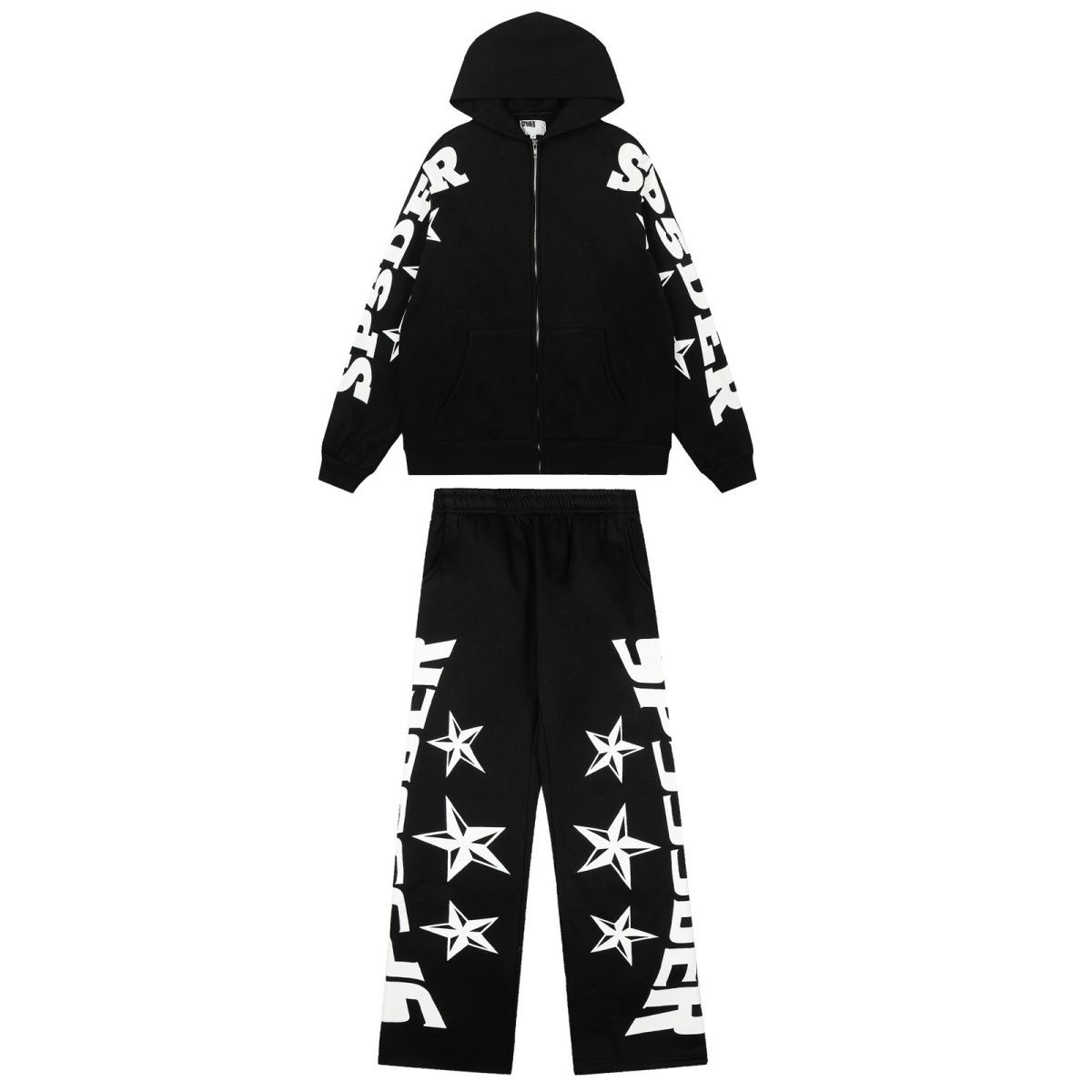Sp5der spider web velvet zipper jacket hooded sweatshirt straight leg pants set