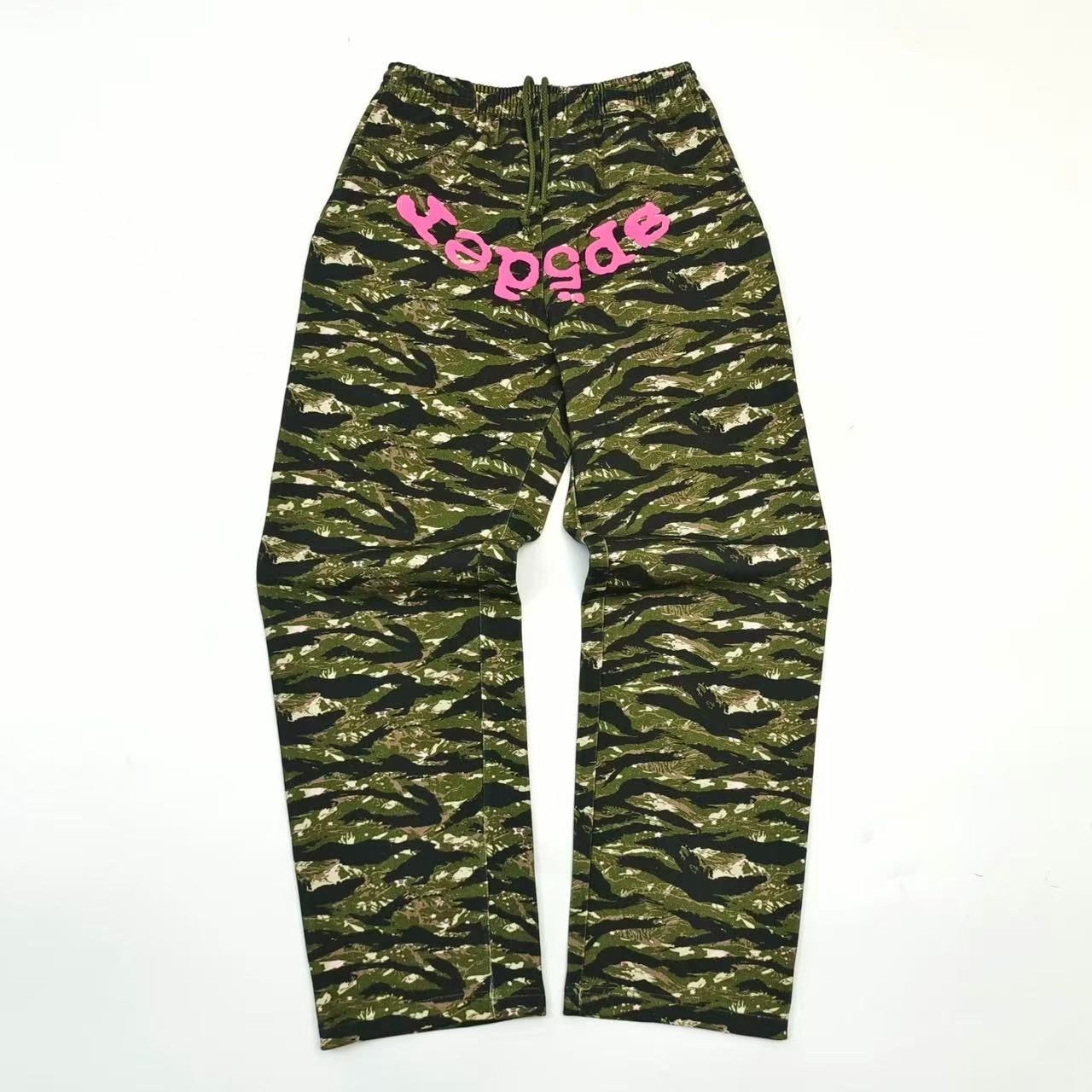 1: 1 Best Quality SP5der Pink Large Logo Green Camouflage Pants