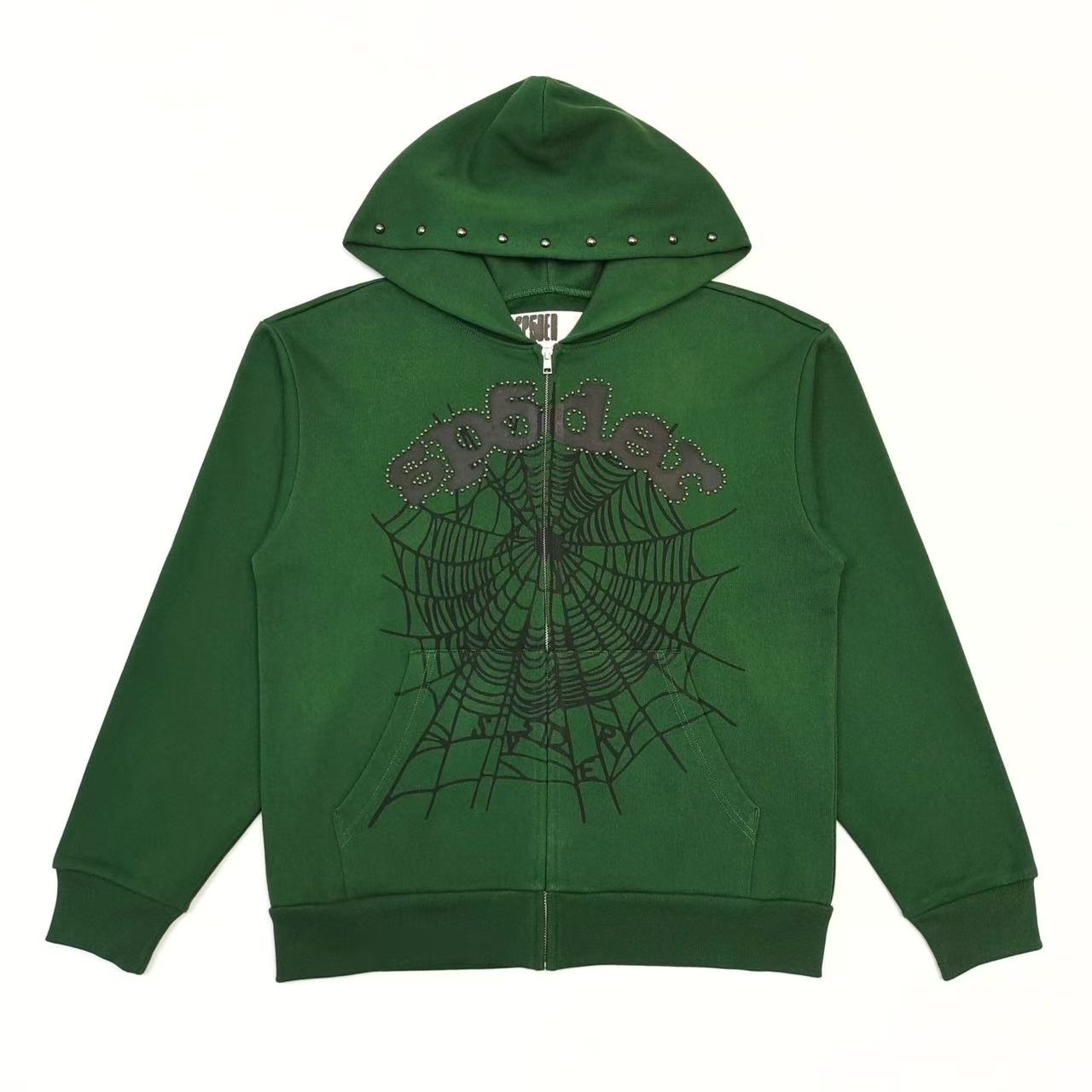 1: 1 best quality sp5der black spider web dark green hoodie
