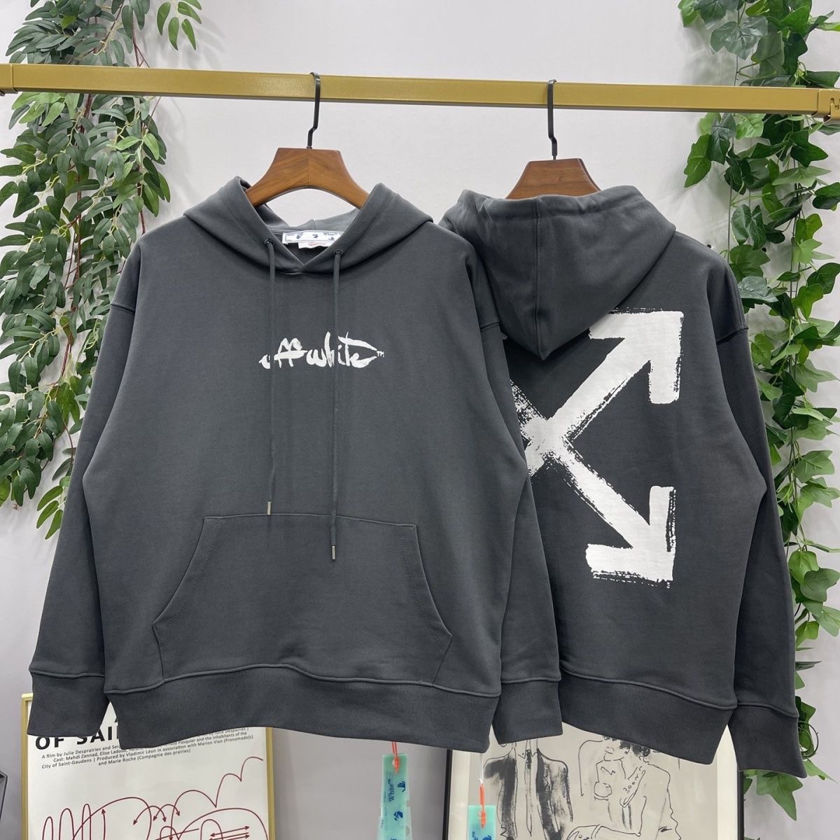 1:1 Version Back Drawing White Arrow Hoodie Dark Grey
