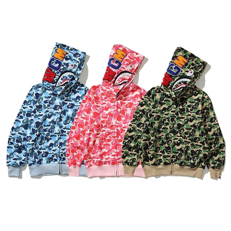 1:1 Single zippper shark face embroidery mini camo hoodie