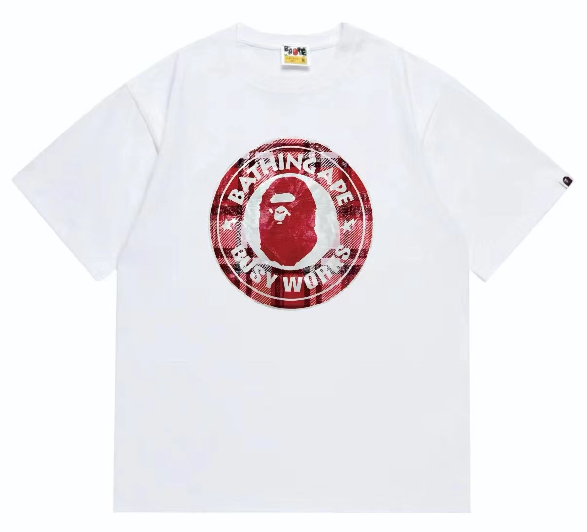 STA round plaid ape man head printed t shirt