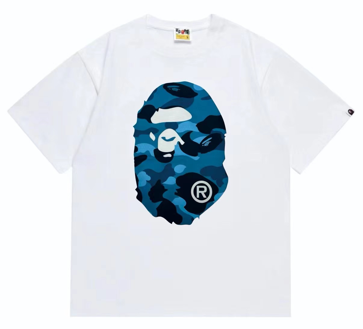 Blue honeycomb camo letters big ape man head double-sided printed t shirt