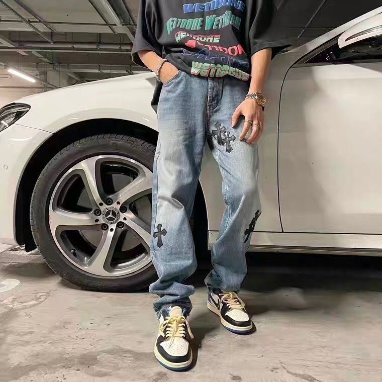 cross leather jeans