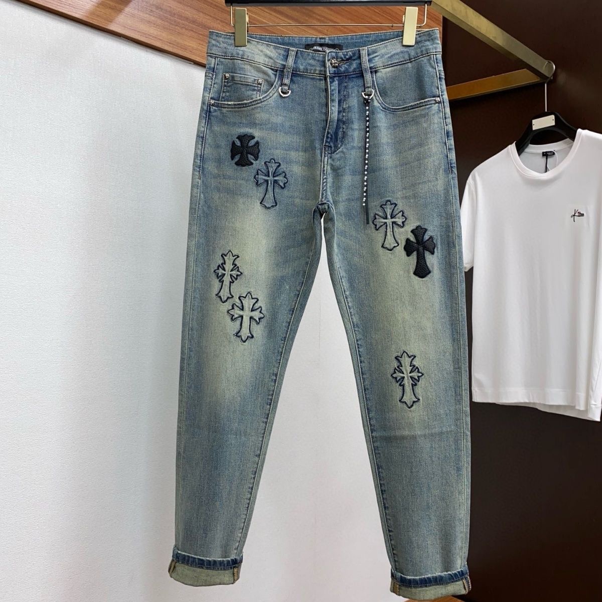 2024 cross leather embroidered jeans