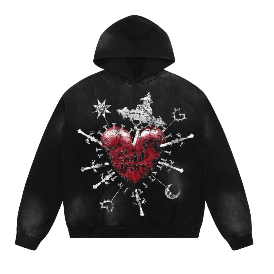 1:1 Washing black with red heart shape hoodie