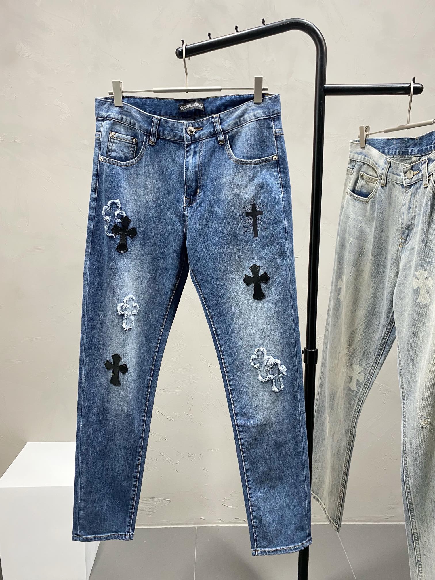 1：1 blue color with leather logo jeans