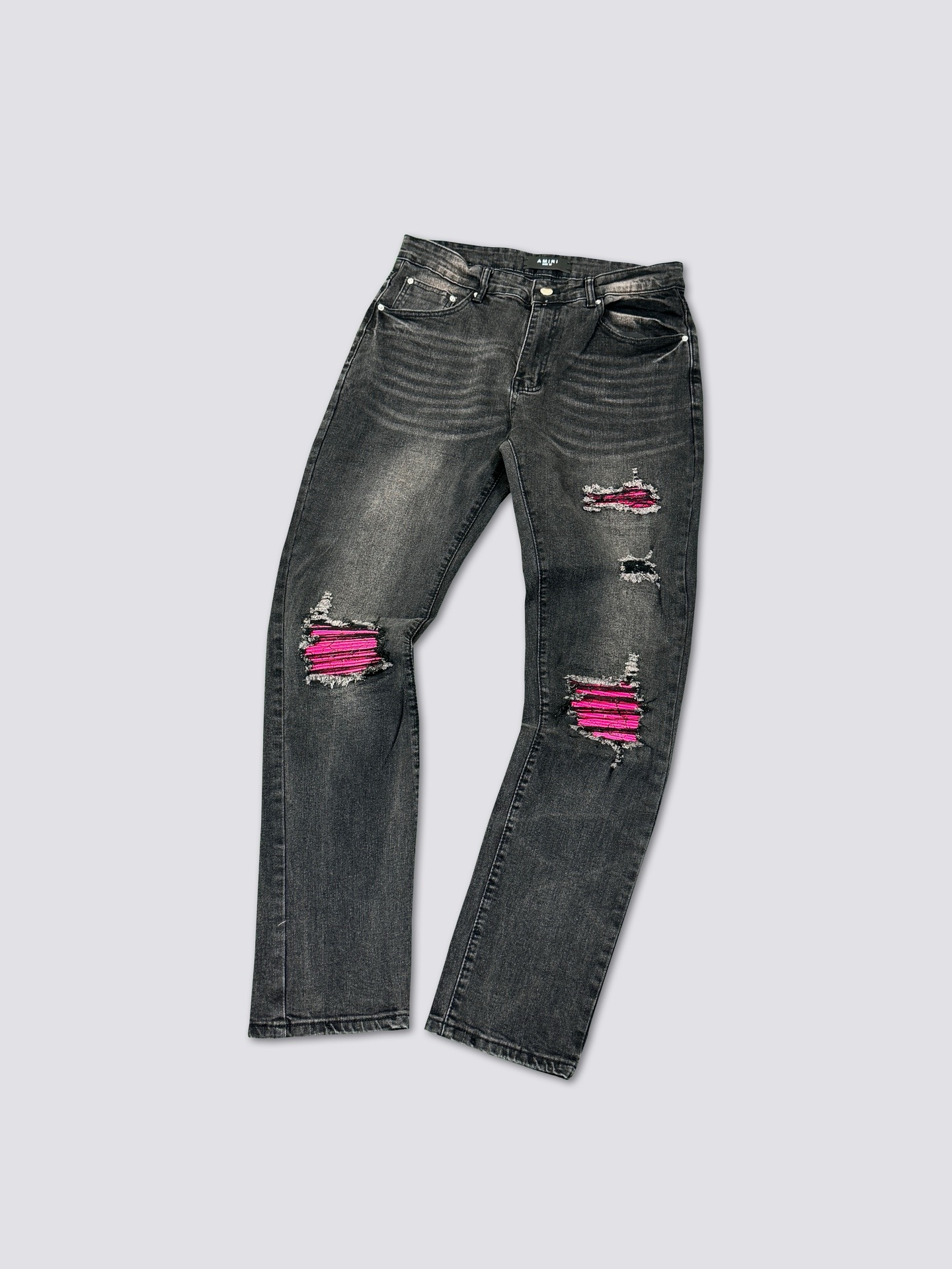 1:1 new wash ripped pink leather denim jeans