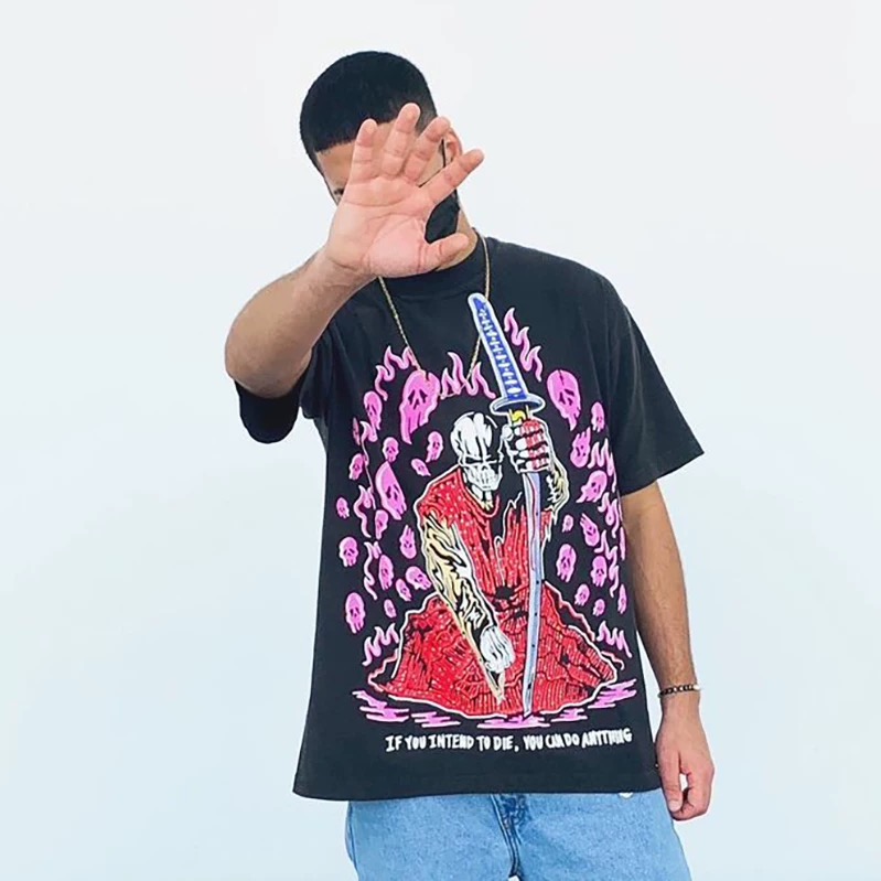 1:1 Japanese samurai pink skull tshirt