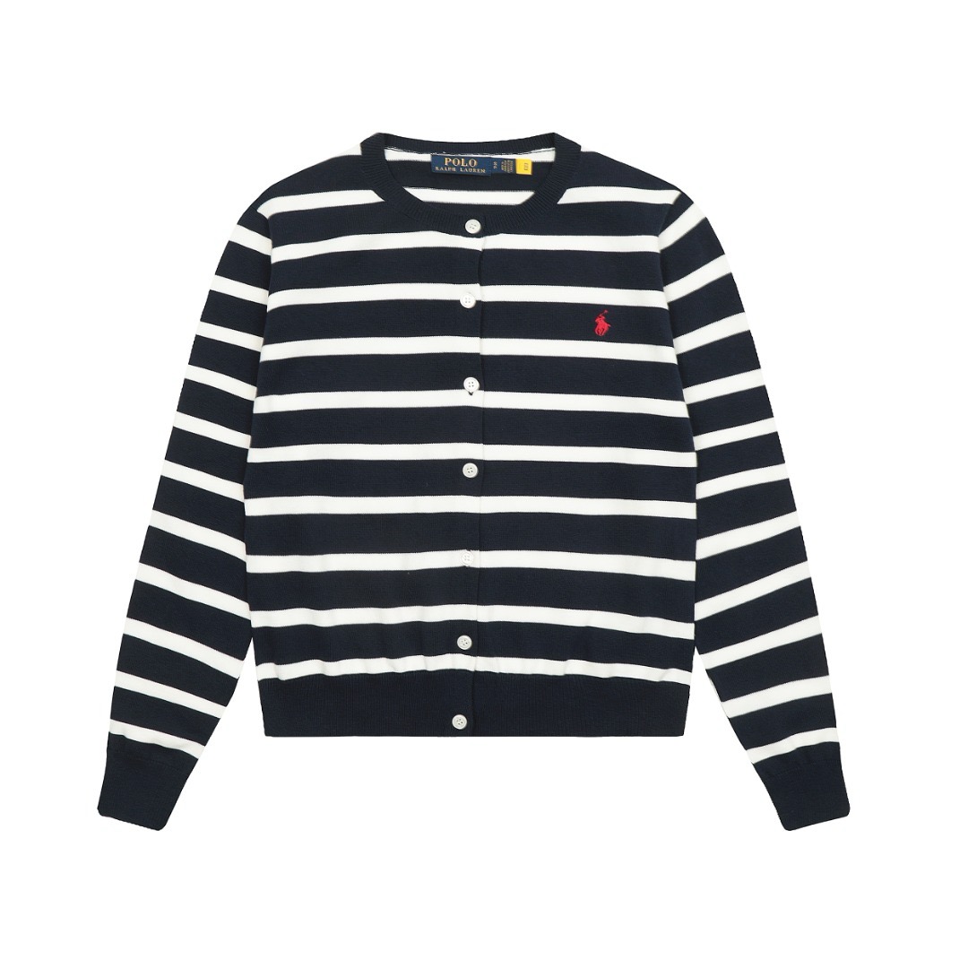 1:1 Top quality jacquard striped cre neck basic pony embroidery logo knitted cardigan long sleeve jacket