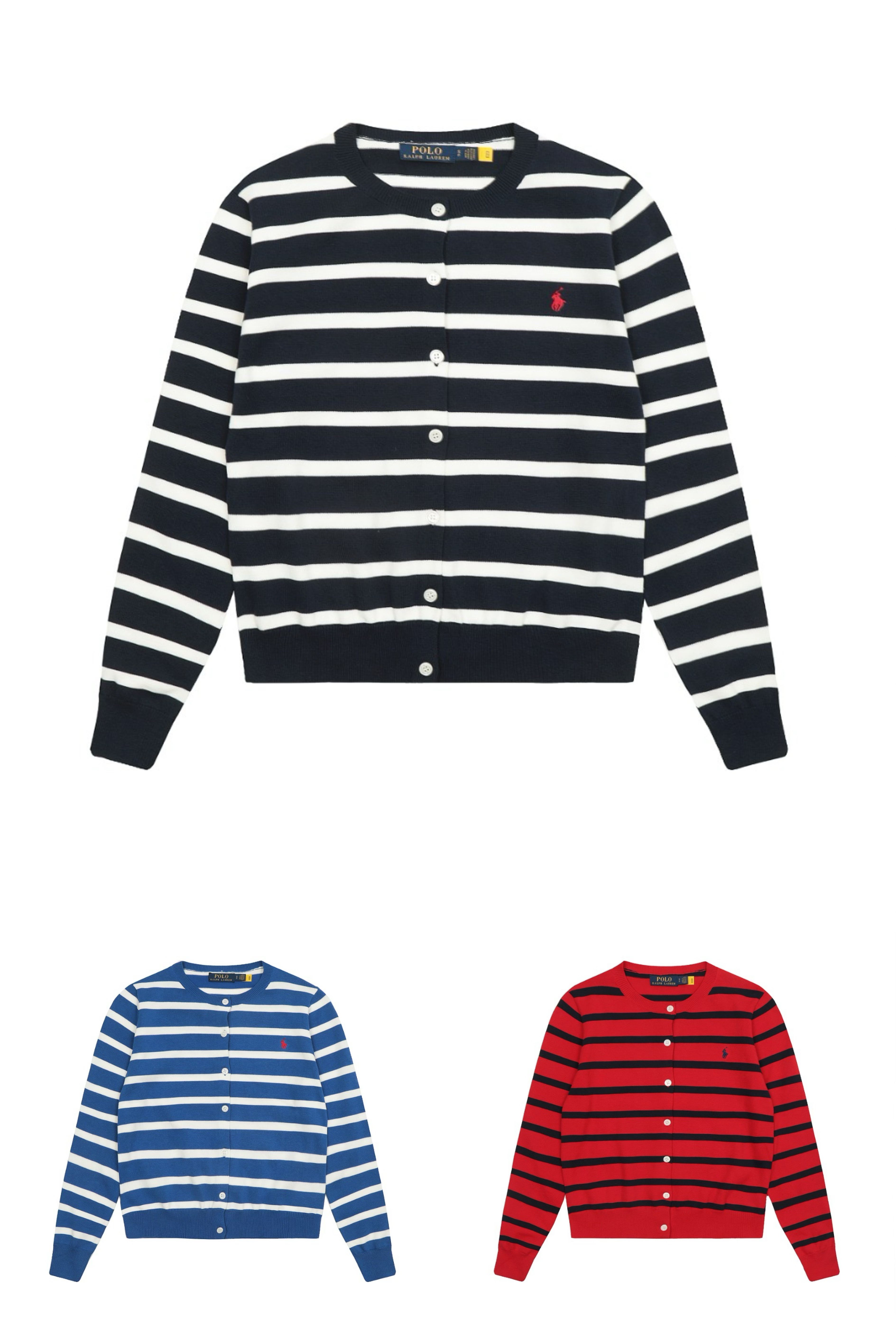 1:1 Top quality jacquard striped cre neck basic pony embroidery logo knitted cardigan long sleeve jacket