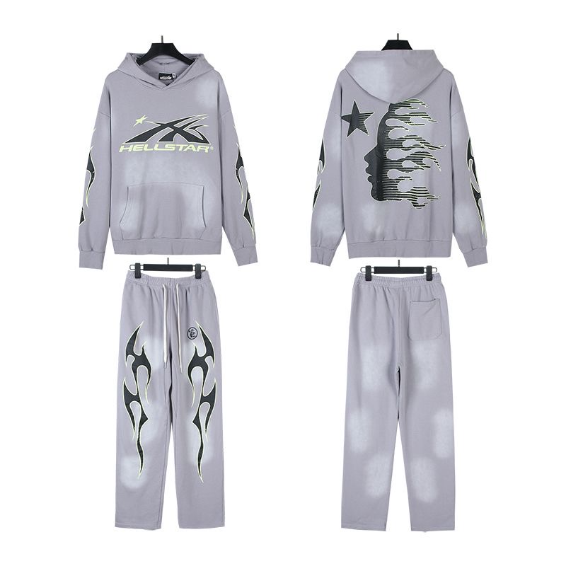 1:1 grey washing color with black logo print tracksuit