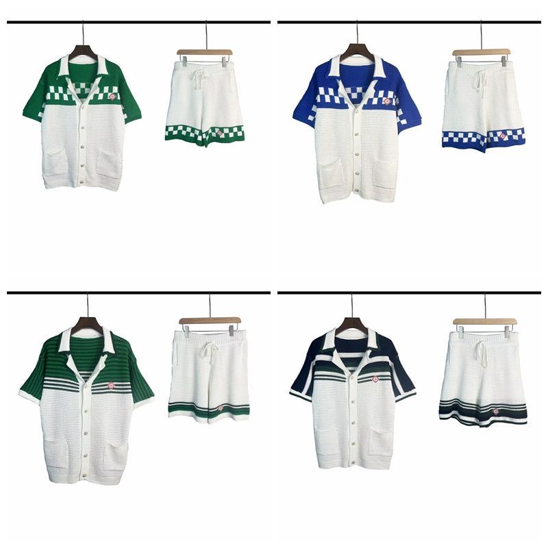 1:1 Classic style pearl button sweater cardigan cutout blockbuster shirt with short set suit