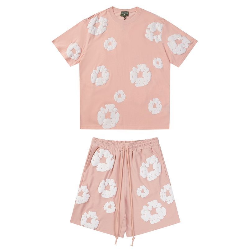 Basic colors with puff print logos tshirt with short set suit