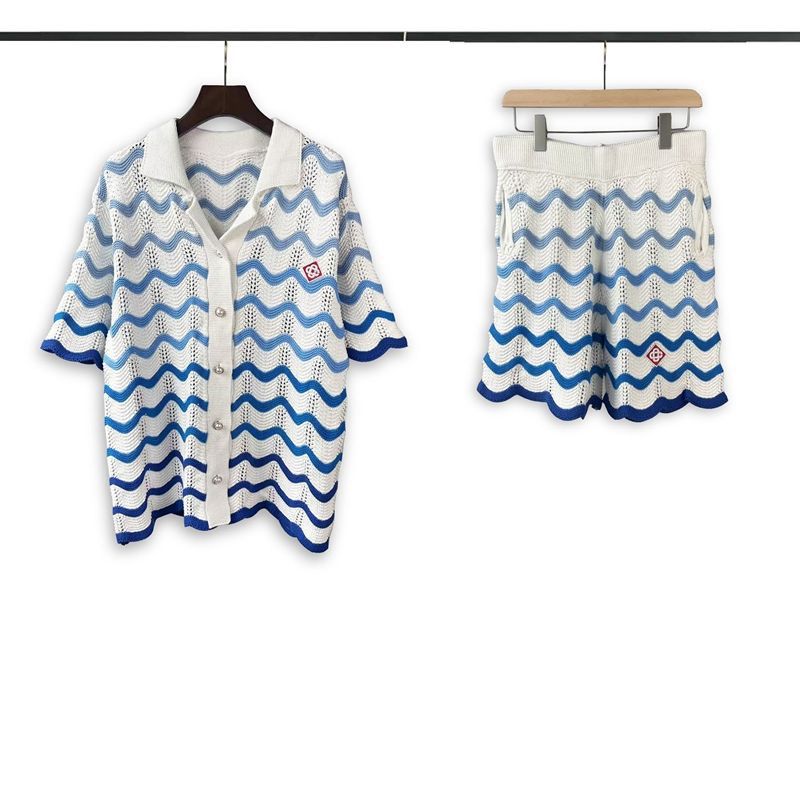 1:1 pearl button wave cut out cardigan short with shirt set suit