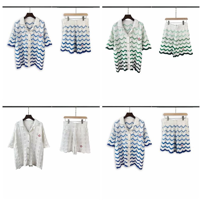1:1 pearl button wave cut out cardigan short with shirt set suit