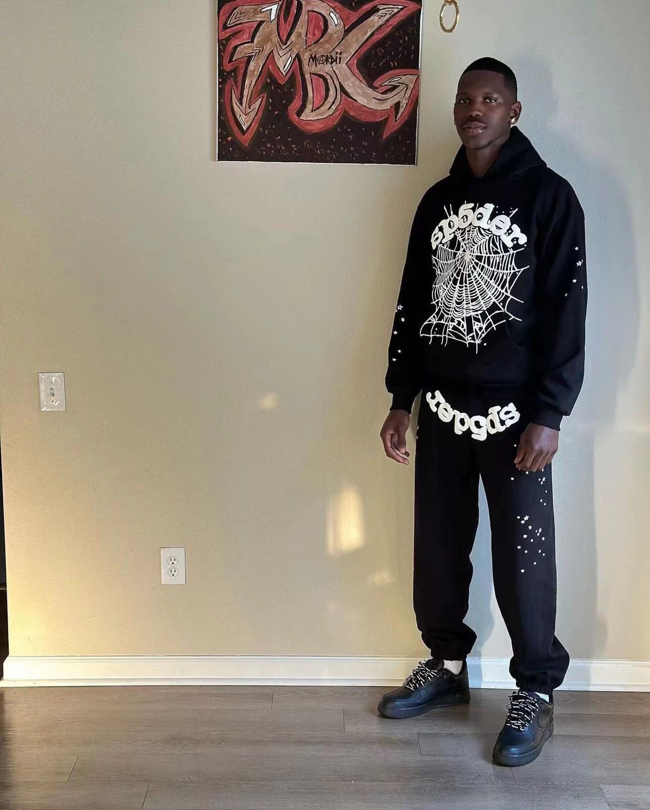 1:1 Top quality washing black with white puff logo print tracksuit