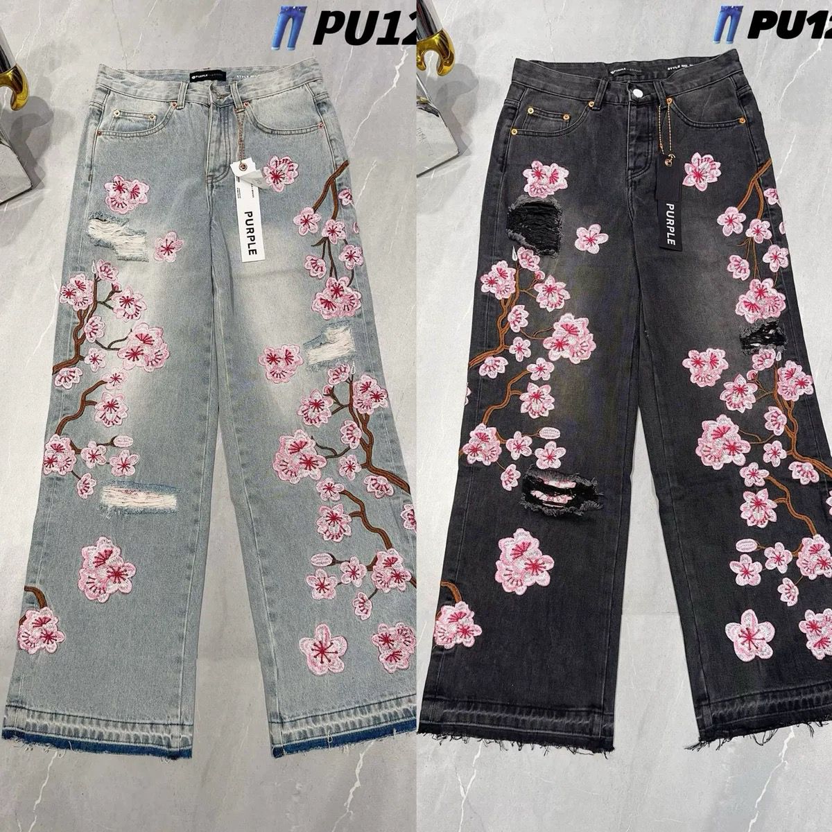 1:1 new washing vintage color with flowers print straight leg jeans