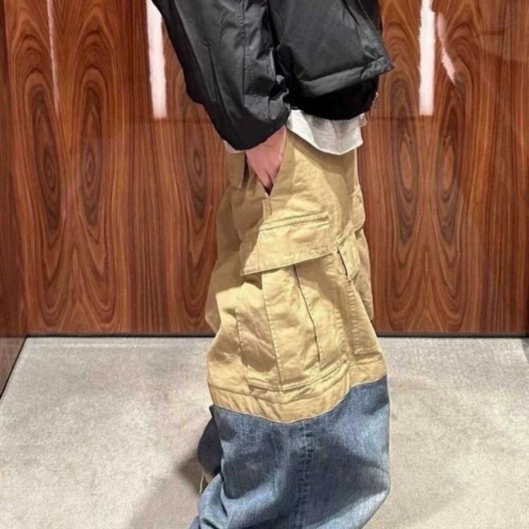 1:1 New multi-pocket paratrooper function straight leg splicing denim pants