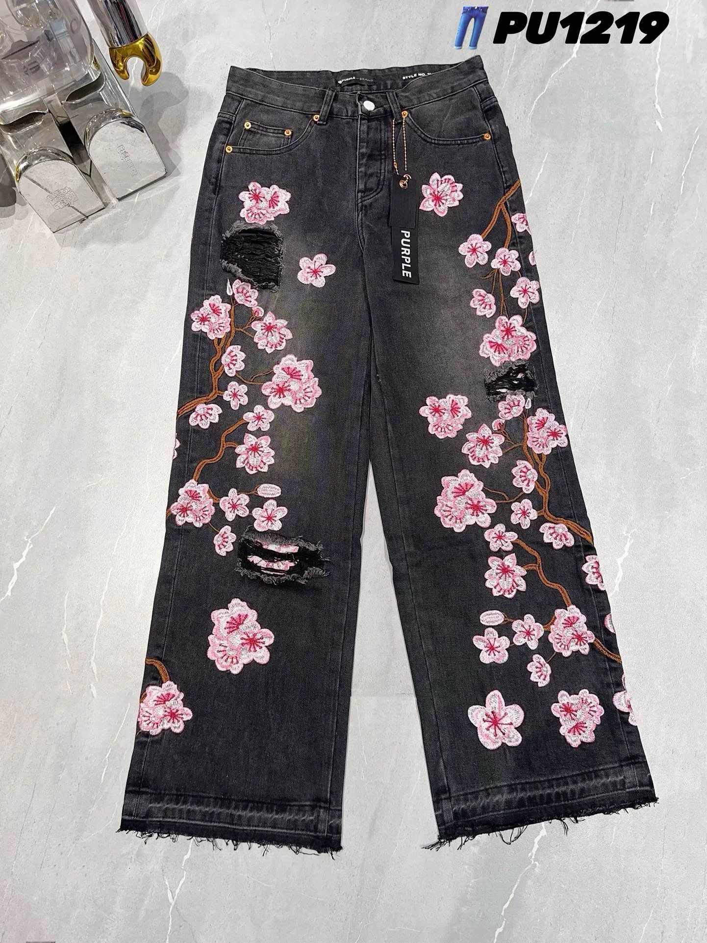 1:1 new washing vintage color with flowers print straight leg jeans