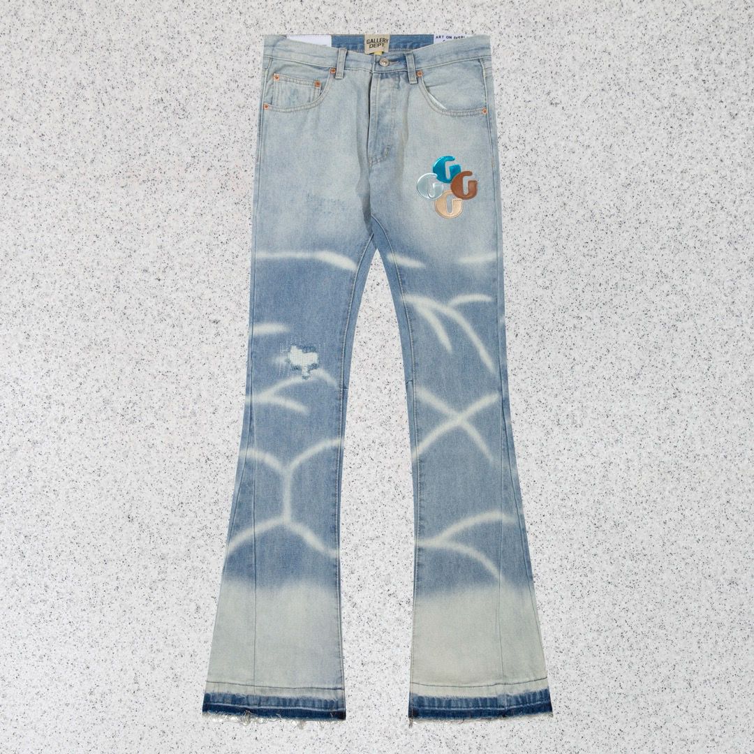 1:1 New arrival light blue with leather logo flared jeans